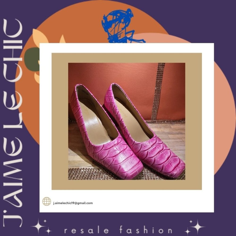 Coup D'etat Ltd. Squared- Toe Croc-Like Pumps with Brown Heels